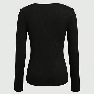 Long Sleeve Top - Ribbed Cut-Out Fitted Casual