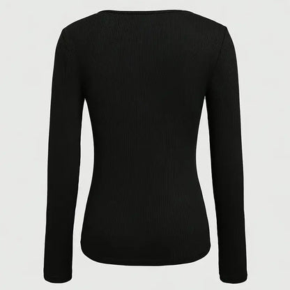 Long Sleeve Top - Ribbed Cut-Out Fitted Casual