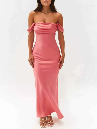 Watermelon Red Maxi Dress - Satin Off-Shoulder Gown