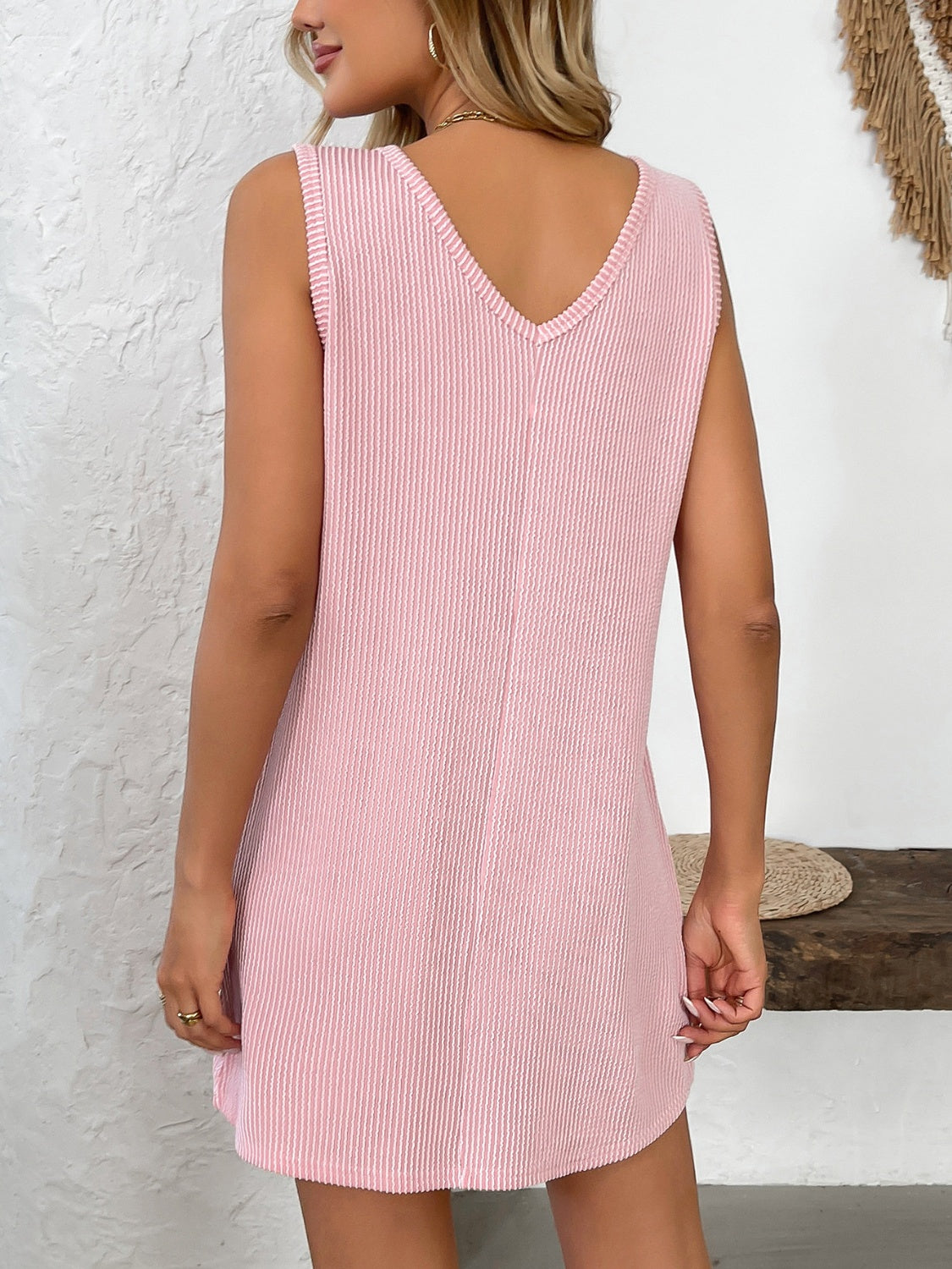 Texture Pocketed V-Neck Tank Mini Dress