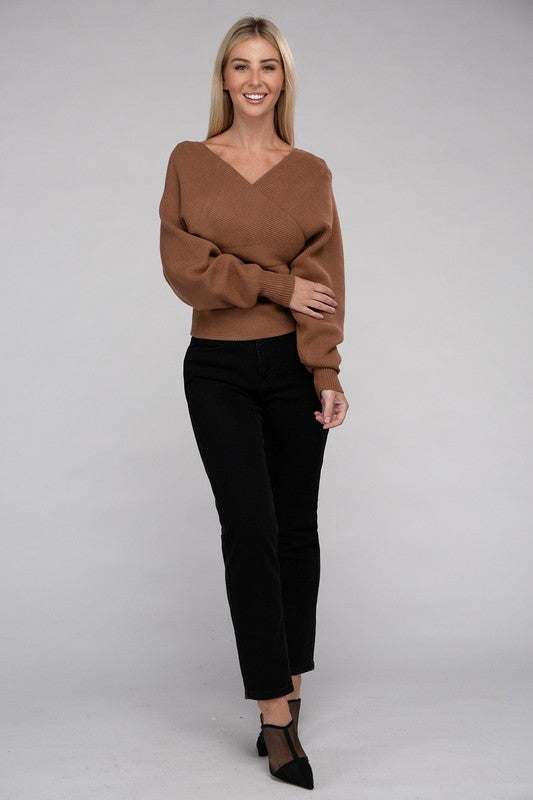 Cross-Wrap Viscose Long Sleeve Pullover Sweater