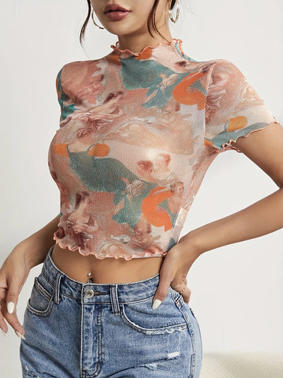 Abstract Print Ruffled Mock Neck Crop T-Shirt - Fashions Envy