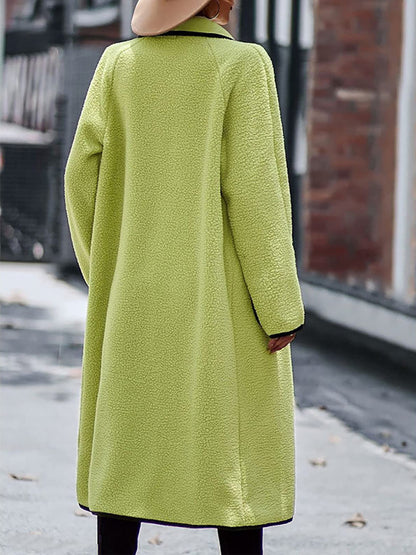 Full Size Contrast Trim Long Sleeve Coat with Pockets - Fashions Envy