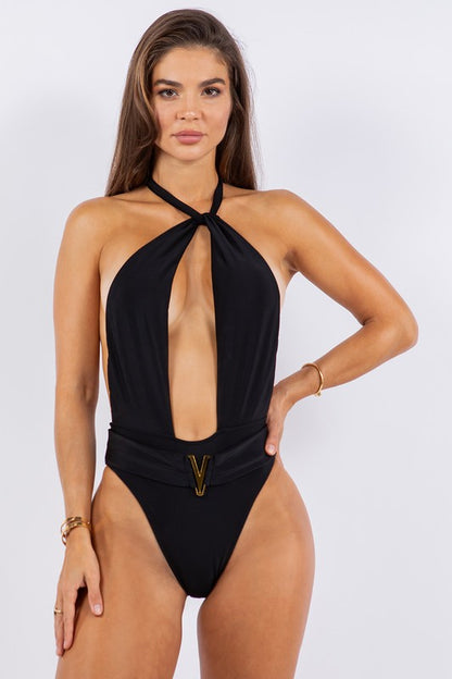 Sexy Deep Plunge Multi Way Tie One-Piece Swimsuit