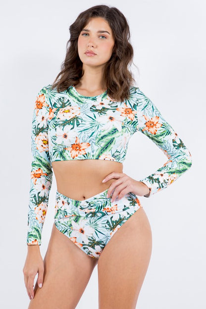 Long Sleeve Floral Print Ruched Bottom Bikini Swimwear