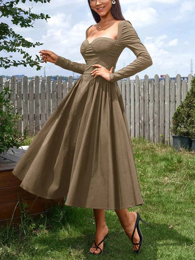 Sweetheart Neckline Long Sleeve A-Line Midi Dress