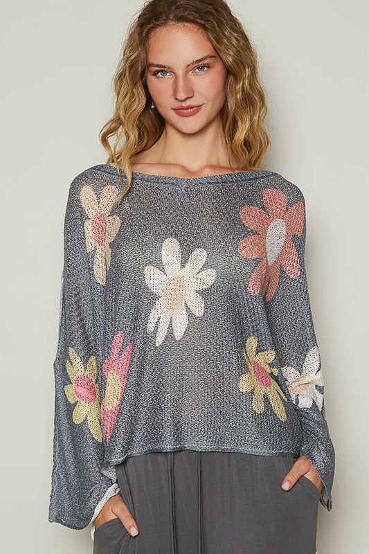 Charcoal Flower Dropped Shoulder Long Sleeve Knit Top