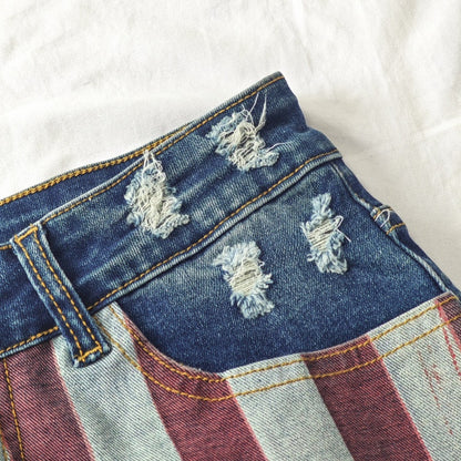 Patriotic American Flag Shorts - Mid-Rise 4th of July Denim Shorts