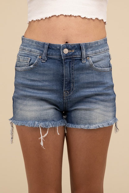 Mid Rise Raw Frayed Hem Zip Fly Denim Shorts