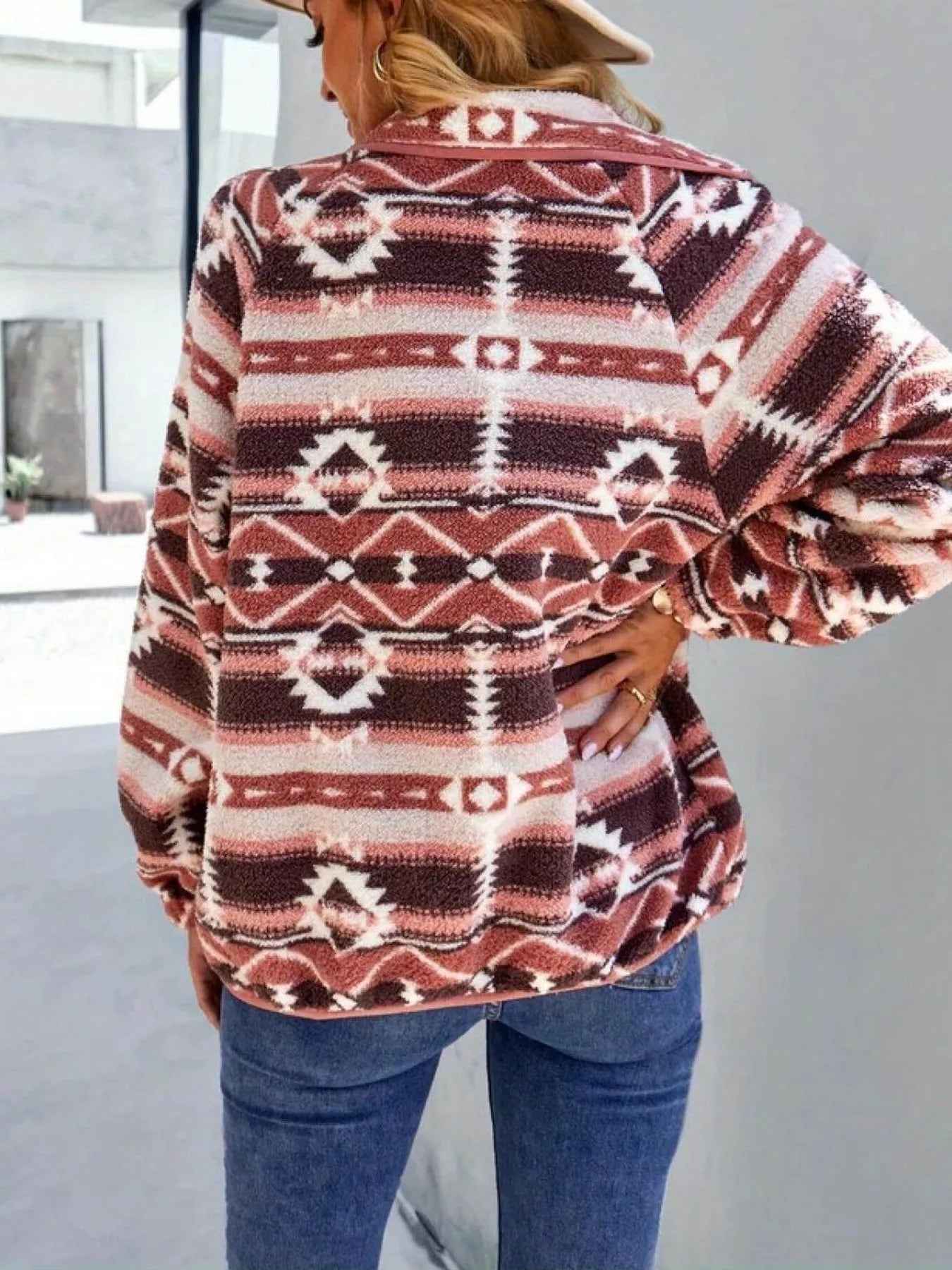 Aztec Print Fleece Jacket - Snap-Down Southwestern Style - Fashions Envy