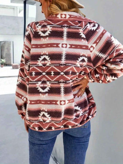 Aztec Print Fleece Jacket - Snap-Down Southwestern Style - Fashions Envy