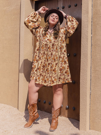 Tan Plus Size Printed V-Neck Balloon Sleeve Mini Dress