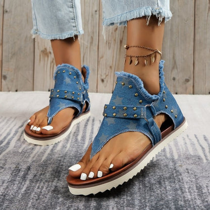 Studded Raw Hem Flat Sandals - Fashions Envy