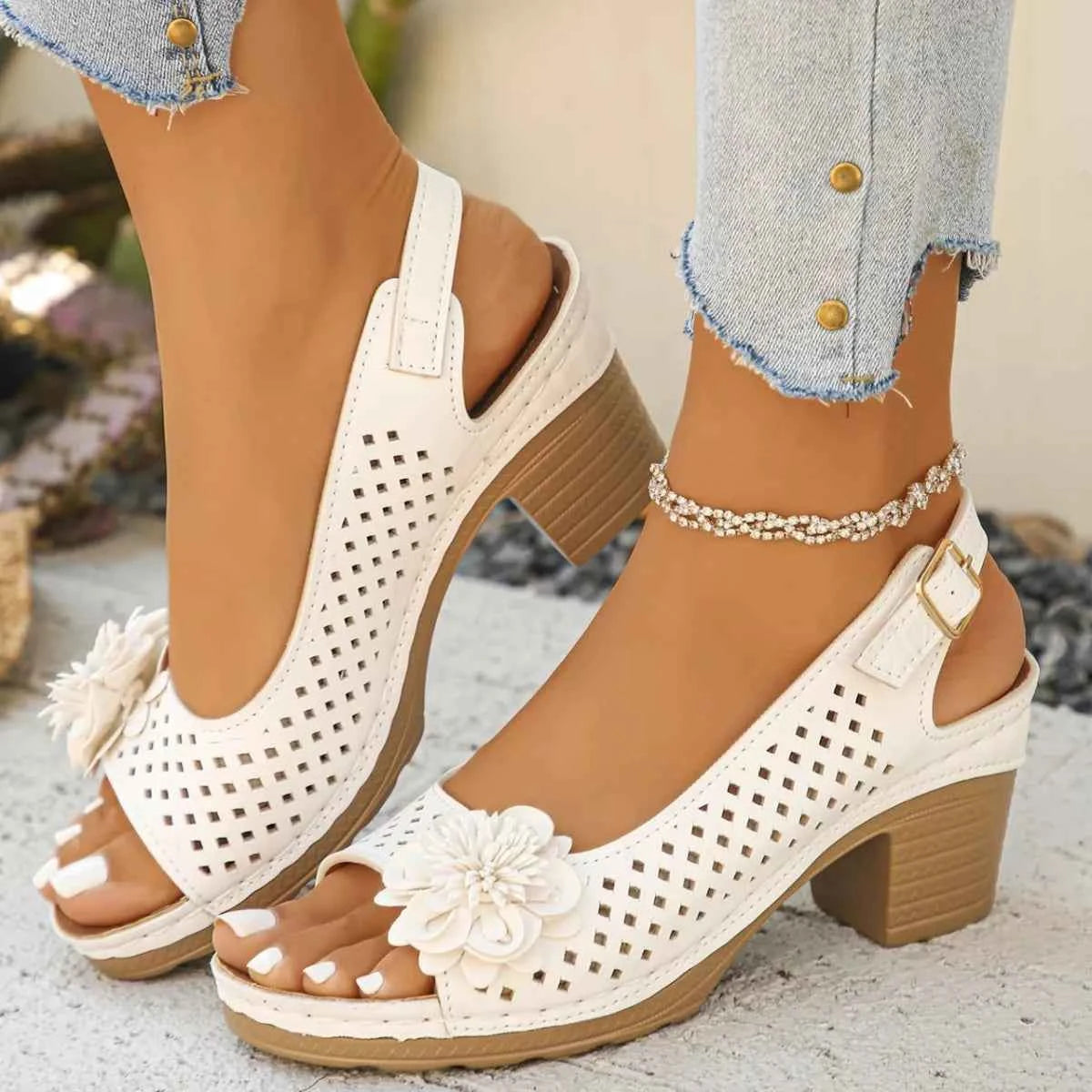 Floral Accent Block Heel Sandals