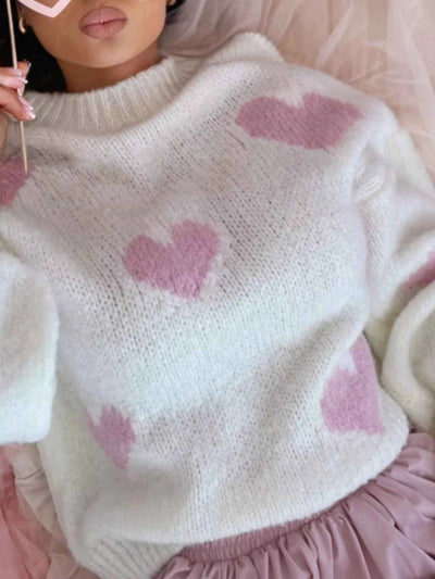 Heart Round Neck Knitted Sweater