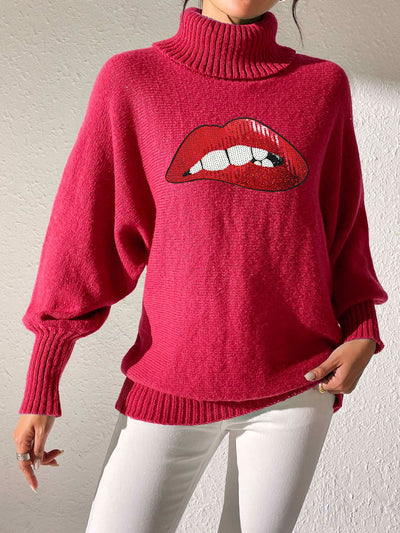 Lip Turtleneck Long Sleeve Sweater - Fashions Envy