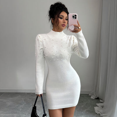 Pearl Sweater Dress - Turtleneck Long Sleeve Embellished