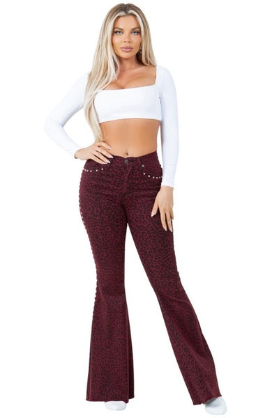 Leopard High Rise Studded Bell Bottom 30' Inseam