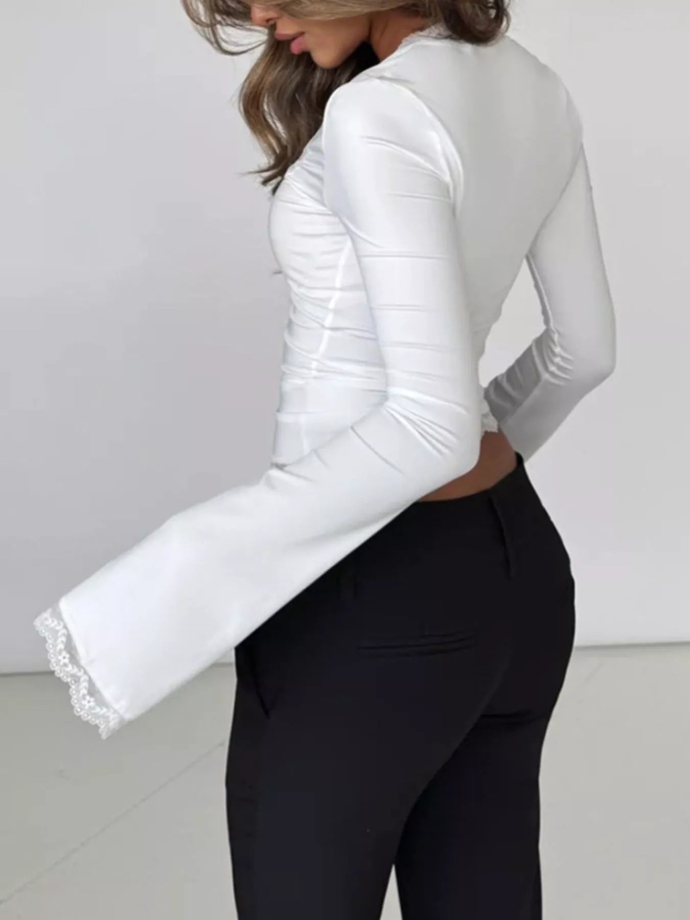 Lace Trim Top - Square Neck Long Sleeve Fitted - Fashions Envy