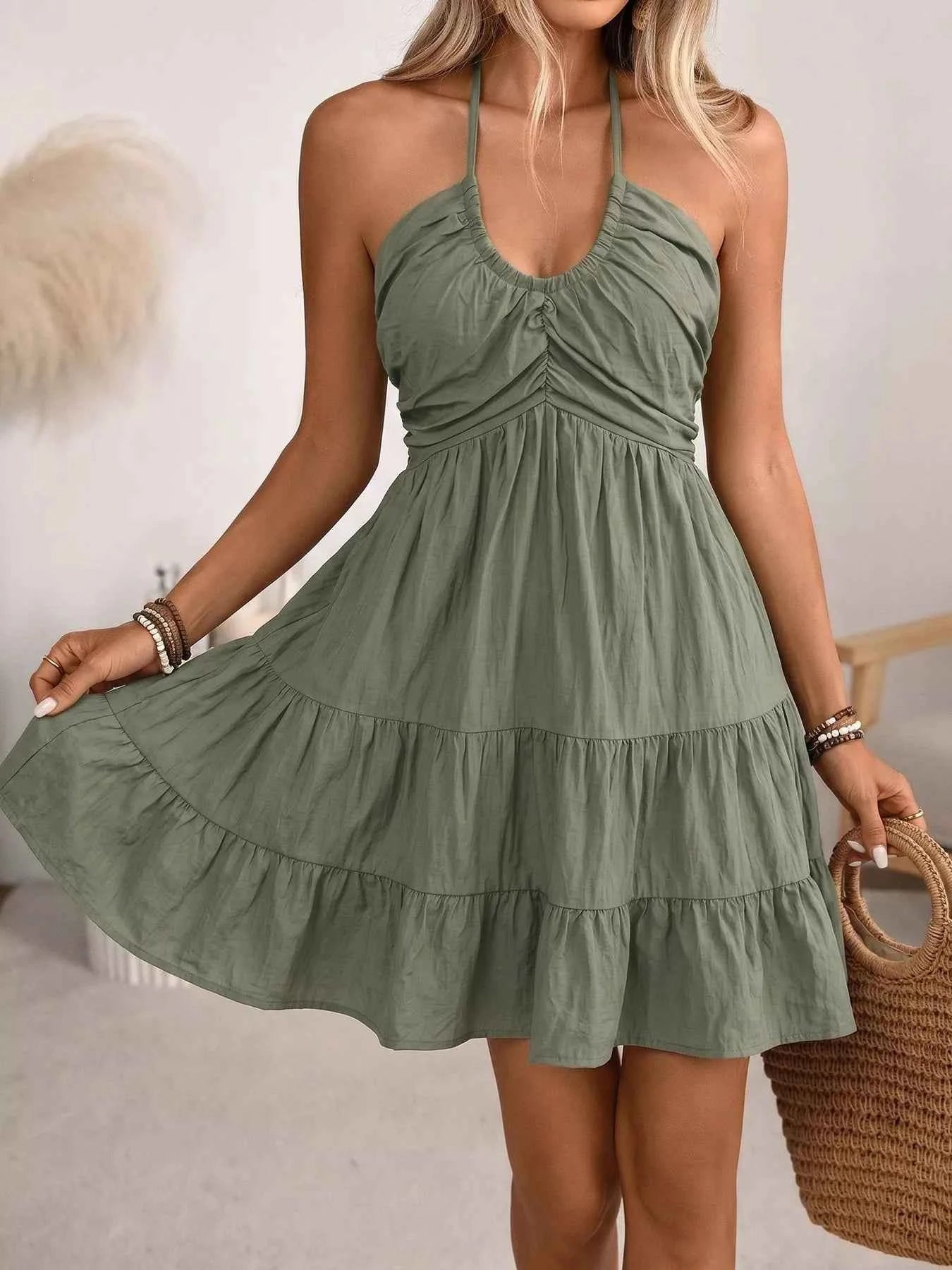 Casual Halter Neck Tiered Mini Dress
