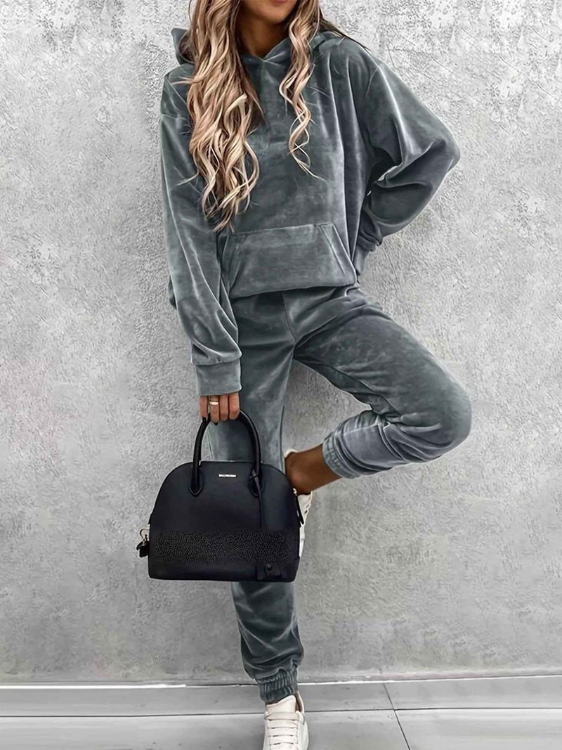 Hoodie and Pants Set - Kangaroo Pocket Lounge - Fashions Envy