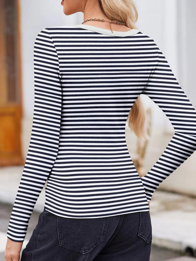 Trendsi Scoop Neck T-Shirt long sleeve black and white striped casual top on model back view