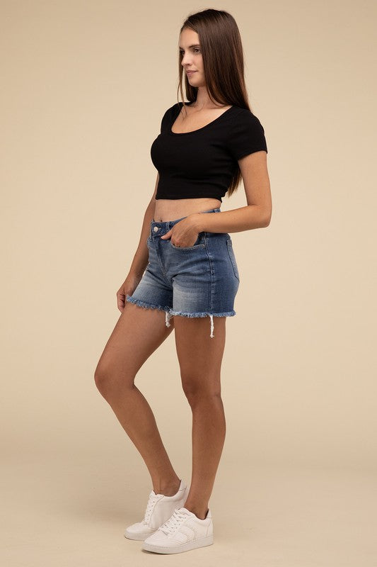 Casual Mid Rise Raw Frayed Hem Fitted Denim Shorts