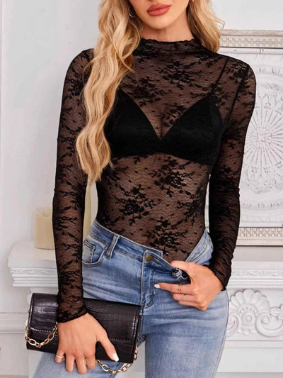 Sheer Lace Blouse - Long Sleeve Mock Neck Top - Fashions Envy