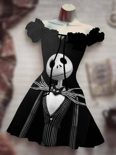 Skull Print Drawstring Dress - 3D Halloween Outfit