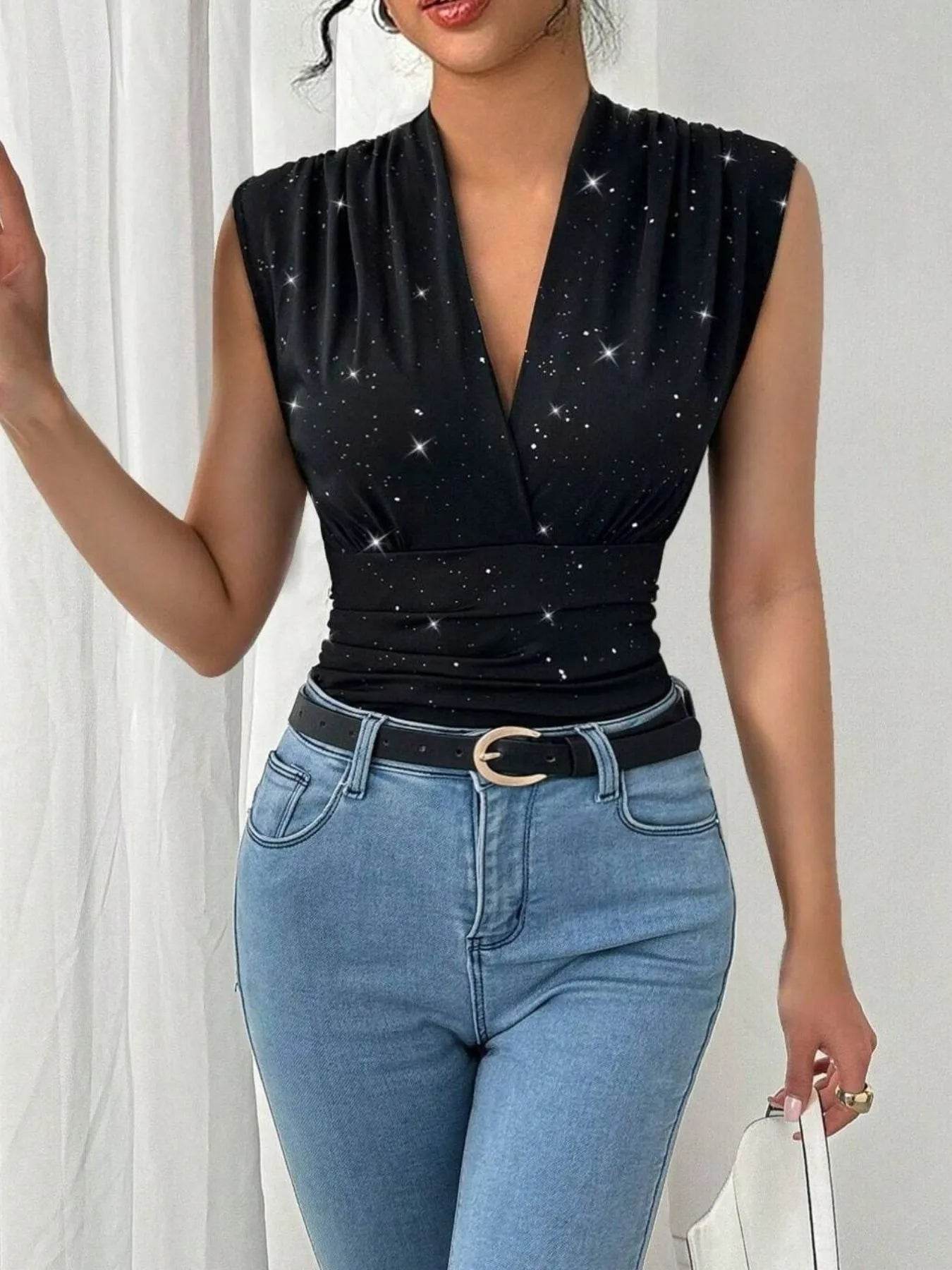 Surplice Sleeveless Slim Blouse - Elegant Wrap Style Top - Fashions Envy