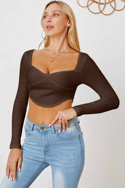 Ribbed Long Sleeve Sweetheart Neck T-Shirt
