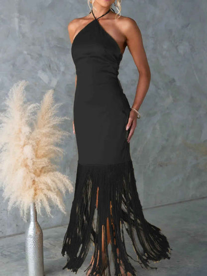 Fringe Halter Dress - Backless Bodycon Maxi Dress - Fashions Envy