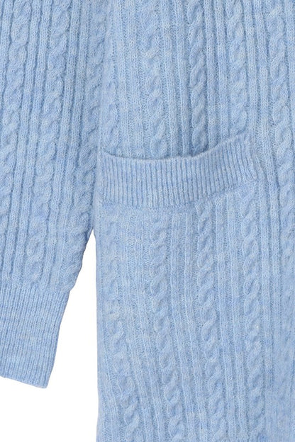 Light Blue Wool Blended Stretch Cable Knitted Cardigan