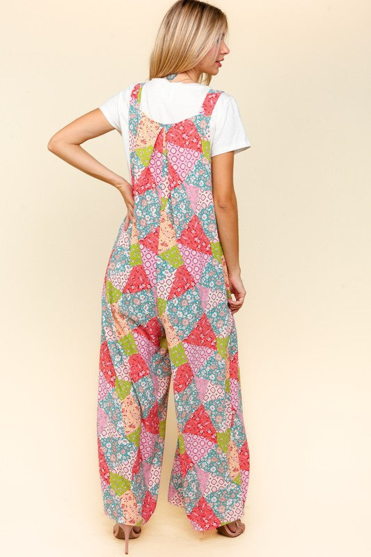 Full Size Printed Wide Leg Overalls with Side Pockets