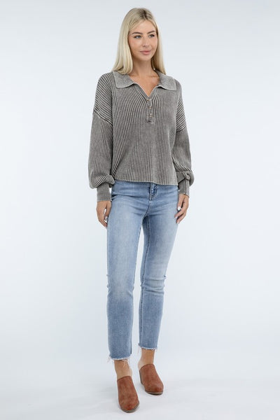 Ribbed Washed Collared Henley Sweater - Fashions Envy