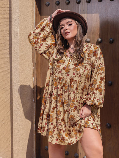 Tan Plus Size Printed V-Neck Balloon Sleeve Mini Dress