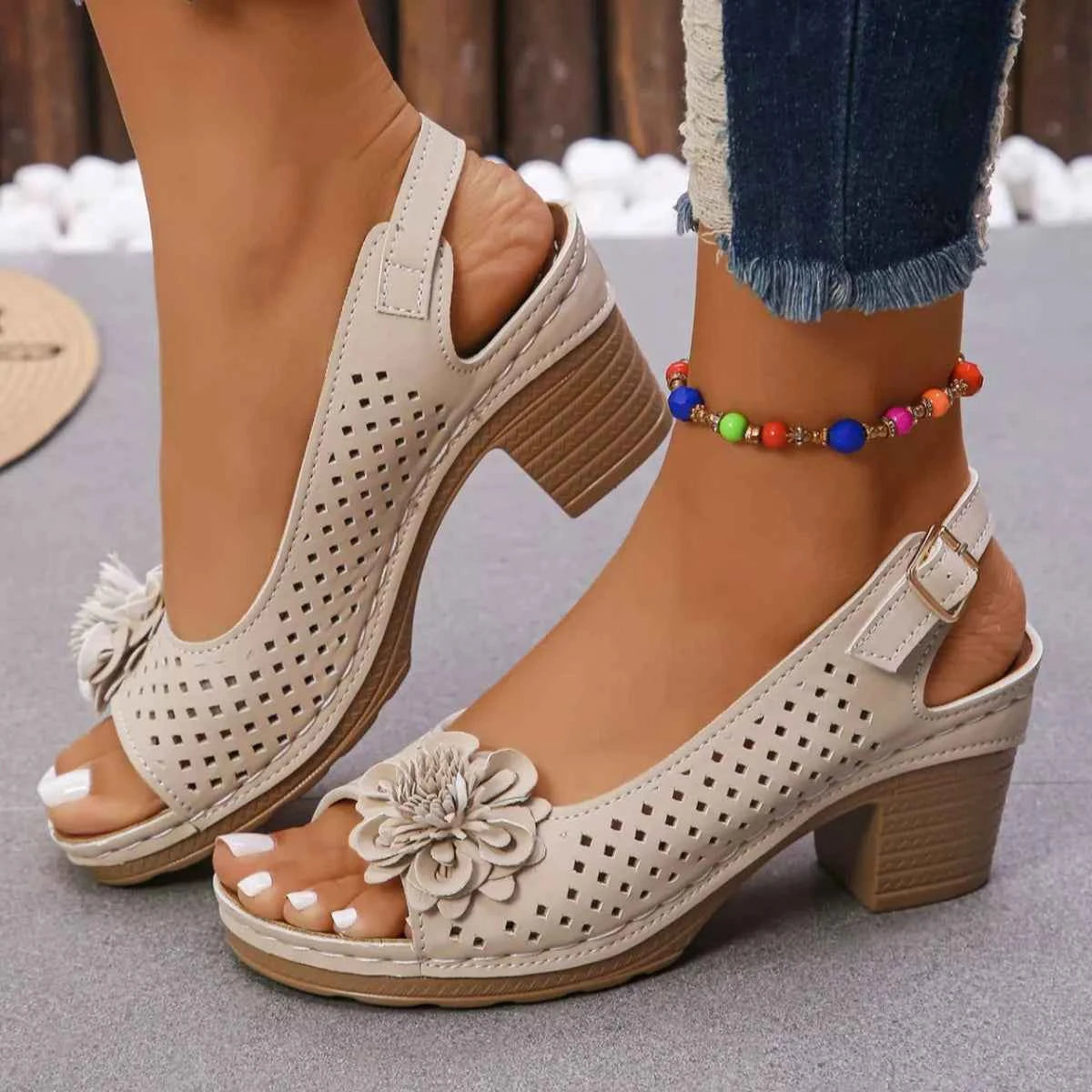 Floral Accent Block Heel Sandals