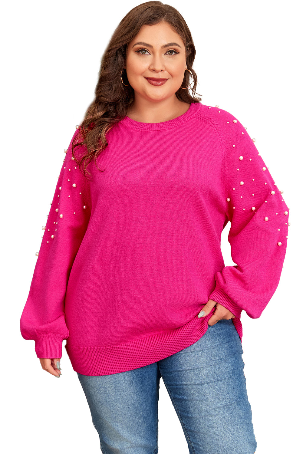 Strawberry Pink Pearled Decor Raglan Sleeve Plus Size Sweater