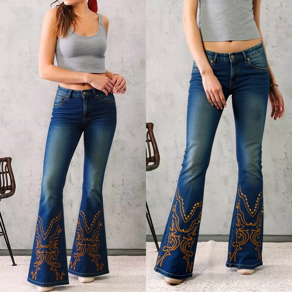 Mid-Waist Wide Leg Embroidered Jeans - Vintage Wash Denim