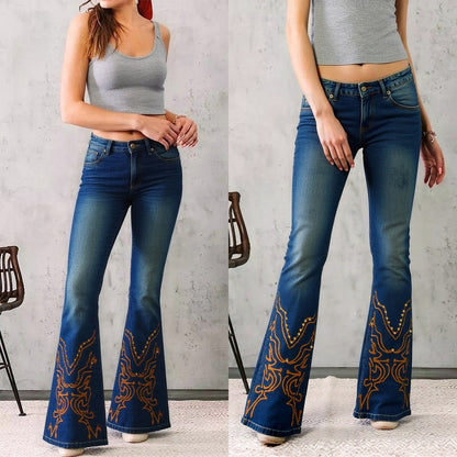 Mid-Waist Wide Leg Embroidered Jeans - Vintage Wash Denim