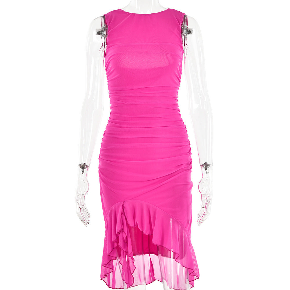 High-Neck Ruffle Hem solid Color Midi Dress