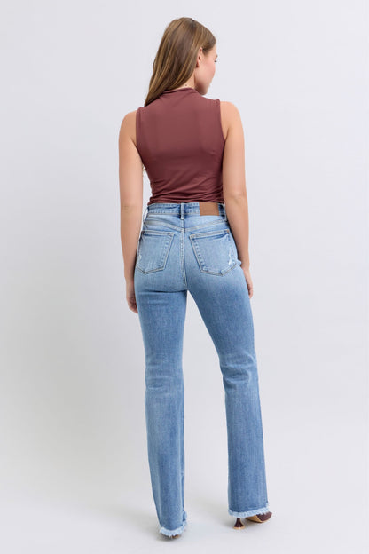 Medium Blue Full Size Raw Hem High Rise Bootcut Judy Jeans