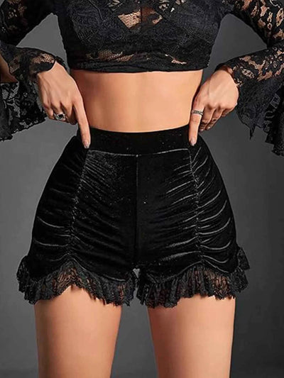 Velvet Ruched Lace Trim Shorts