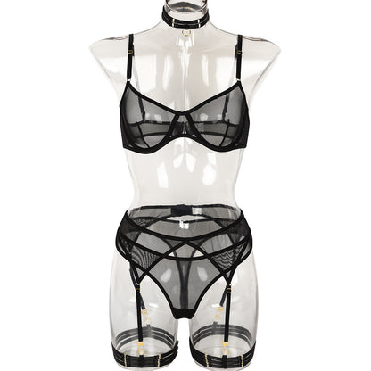 Mesh Garter Set - 4PC Intimate Set with Choker Collar