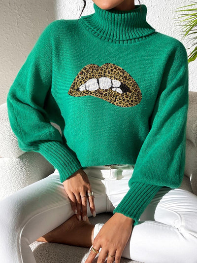 Lip Turtleneck Long Sleeve Sweater - Fashions Envy