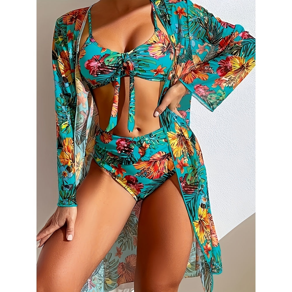 Knotted Flower Print High Waist Three Piece Bikini Swimsuit Set with Long Sleeved Sun Protection Cover Up