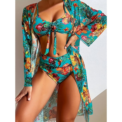 Knotted Flower Print High Waist Three Piece Bikini Swimsuit Set with Long Sleeved Sun Protection Cover Up
