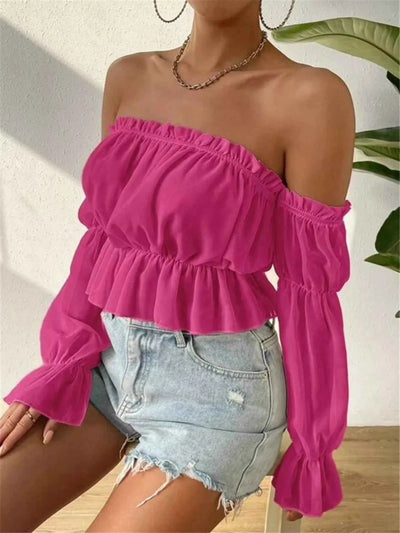 Off-Shoulder Ruffle Trim Sheer Cropped Blouse