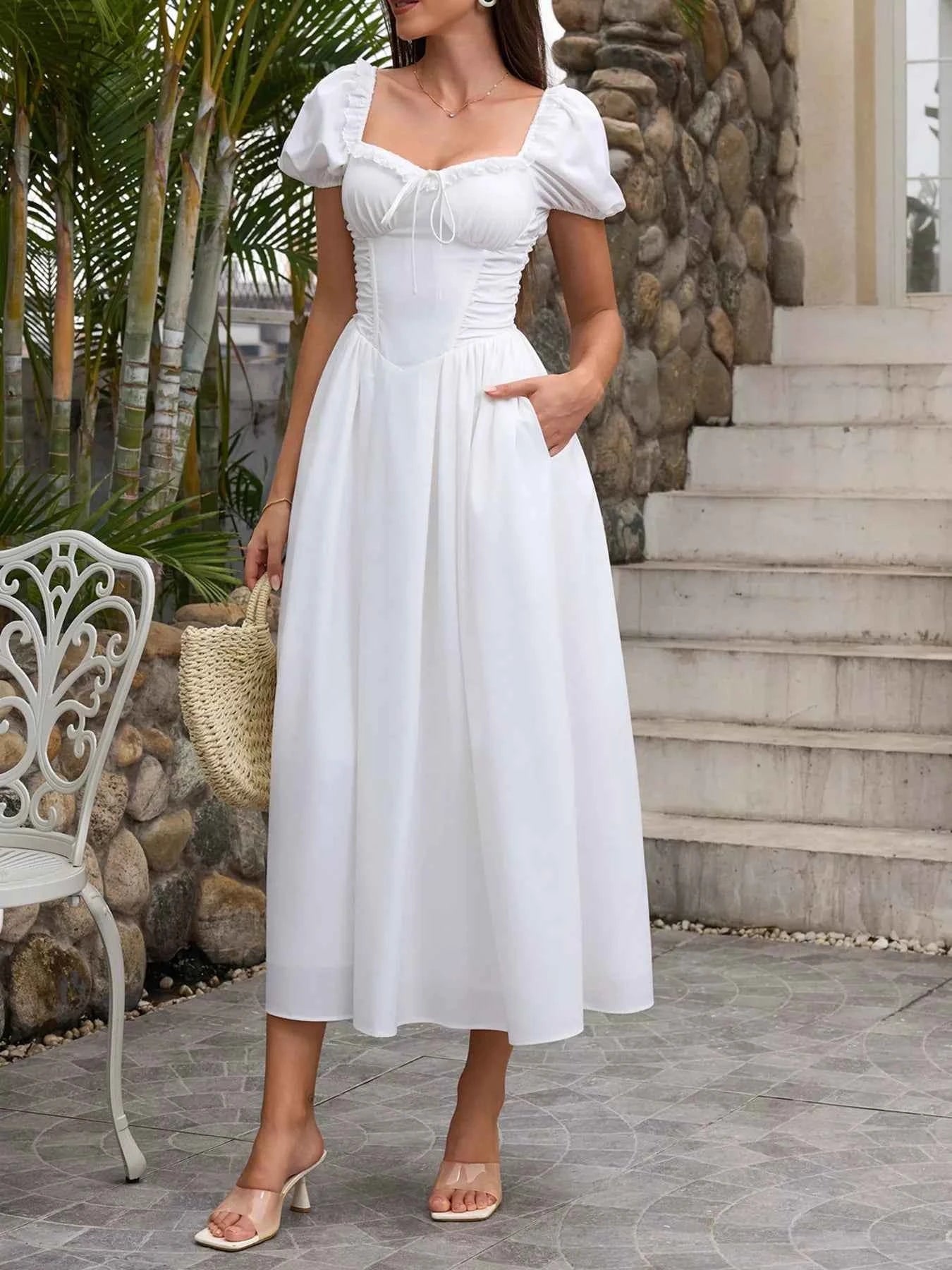 Sweetheart Neck Puff Sleeve Midi Dress