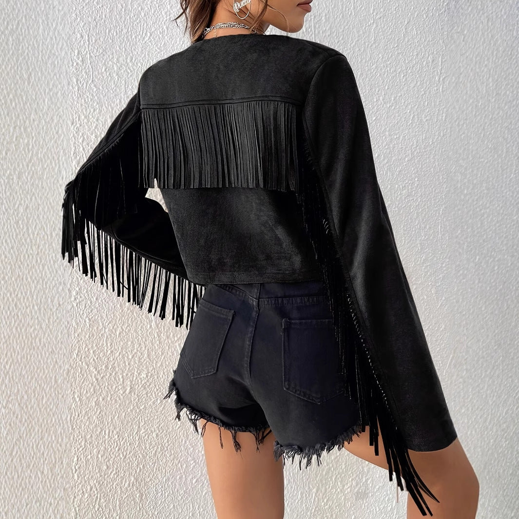 Women's Black Tassel Rivet Front Open Jacket - Short Coat